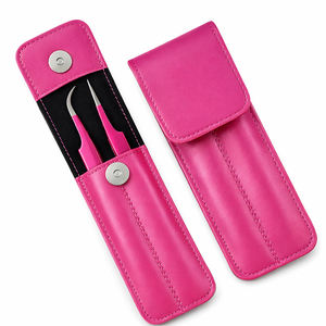 Ensemble de pinces de précision professionnelles roses avec étui en cuir, pinces pour extensions de cils, outil de maquillage pour salon de beauté, OEM - Product Image 1