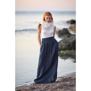 Women's Navy Cotton Floor-Length <b>Skirt</b> with Pockets High Waist Elastic Eco-Friendly Washable for <b>Summer</b> - Product Image 3