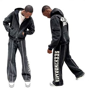 Sweatsuits 2pcs Jogging <b>Suits</b> Zip up Applique Embroidery Cotton Acid Wash Tracksuit Cargo Flare Sweatpants and Hoodie Jogger Set - Product Image 1