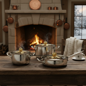 Ensemble de casseroles et faitouts en acier inoxydable martelé, robuste, écologique, compatible gaz et induction, finition dorée, forme citrouille - Product Image 2