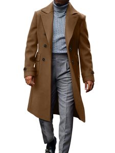 <b>Men's</b> <b>Double</b> <b>Breasted</b> Wool <b>Overcoat</b> Long Trench Coat Solid Color Turn-down Collar Regular Sleeve Warm Winter Outerwear - Product Image 1