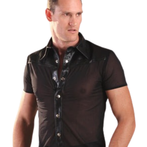 Chemise en cuir avec garniture en nylon pour homme Noir Manches courtes Faux cuir Fétiche Bouton devant Club Top - Product Image 5