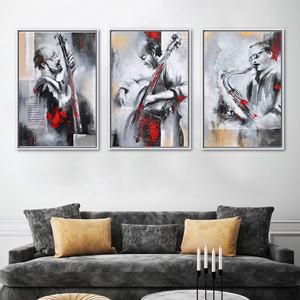 Conjunto de lienzos impresos con motivos musicales: carteles abstractos de jazz para decoración de salas de música, 3 piezas: con marco blanco - Product Image 1