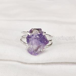 Nouvelle arrivée bijoux en pierre brute bague pour femme pierre précieuse améthyste brute naturelle février pierre de naissance 3 bague en argent sterling 925 - Product Image 1