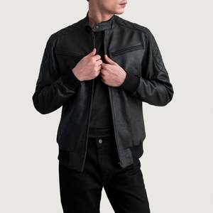 GLOBAL LEATHER Sven Genuine <b>Sheepskin</b> Black Leather Water-Proof Men's Casual Autumn Bomber <b>Jacket</b>-XS Size Coated Zippered - Product Image 3