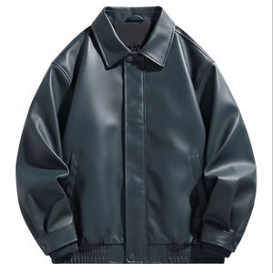 Blouson aviateur en cuir PU premium pour homme, col classique, ourlet élastique, vêtement de rue décontracté - Product Image 1
