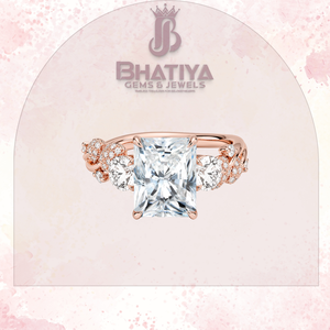 Anillo de compromiso de tres piedras radiante, banda de vid de oro amarillo, anillo de acento de diamante Floral, joyería fina de moissanita cultivada en laboratorio - Product Image 3