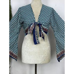 Hippie Bohme Long-Sleeved Women's Knit <b>Top</b> Colorful Floral and Cashmere Goddess Motif with Tie in Front Elegant and Feminine - Product Image 4