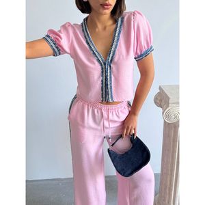 Veste en lin rose pour femme TOPSHOW avec détails en jean, style décontracté léger pour le printemps et l'été - Product Image 3