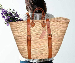 Sac à dos en paille marocaine fait main, style hipster, avec poignées en cuir, panier français, panier marocain - Product Image 1