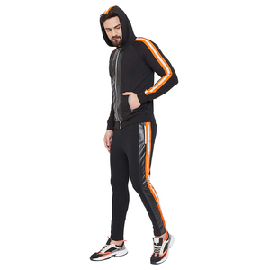 Men's Black Hooded Tracksuit With Orange Stripes Full Sleeve Zipper Sporty Sweat Suit Autumn Wear Regular Fit Side Pockets - Product Image 4