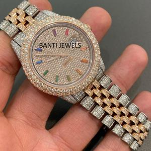 Montre de luxe bicolore en acier inoxydable avec verre Moissanite glacé, index arc-en-ciel, style hip-hop, bijoux diamant, double mouvement - Product Image 1