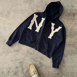 เสื้อฮู้ดดี้ผู้ชายแฟชั่นสตรีทแวร์ฤดูหนาว ผ้าฝ้าย 100% ทรงครอป ซิปเต็มตัว ทรงโอเวอร์ไซส์ ผ้าฟลีซ  ดีไซน์โลโก้แบบกำหนดเอง - Product Image 2