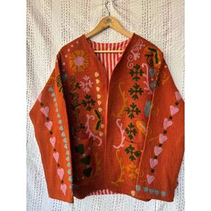 Reversible Ladies Suzani Embroidery <b>Short</b> <b>Jacket</b> Quilted Boho Bomber Coat Suede Leather Soft Comfortable Autumn Spring Winter - Product Image 2