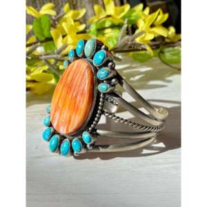Paul Livingston's Fashion <b>Cuff</b> <b>Bracelet</b> Spiny Oyster & Kingman Turquoise Set in Sterling <b>Silver</b> - Product Image 4