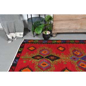 Vintage Turkish Large Area Rug 3.8 X 7.2 ft <b>Red</b> Boho Style Patchwork Design <b>Wool</b> Material 10mm Latex for Hallway Room Decor - Product Image 3