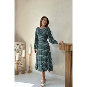 Vestido Verde Estampado con Cintura Natural, Transpirable y con Detalle Drapeado, Venta al Por Mayor - Product Image 5