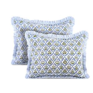 Light Steel <b>Blue</b> Floral Ruffle Lumbar <b>Pillow</b> Covers Pair, Hand-Block Print Cotton Decorative Sham Couch, Bed, Wedding, Gift - Product Image 2
