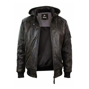 Blouson en cuir à capuche pour homme, en cuir véritable, style décontracté, coupe parfaite, style motard, prix de gros - Product Image 2