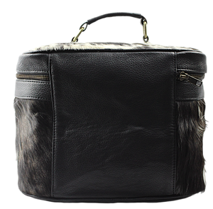 Stylish Black and White Print Cowhide Leather Cosmetic Bag Genuinely Durable with Zipper Closure Geometric Pattern Tooling - Product Image 3