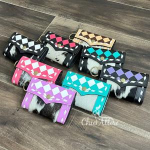 New Customized Designer Hand <b>Tooled</b> Cowhide Leather Coin Purse Checkered Pattern with Wristlet Stylish Card Holder for women's - Product Image 1