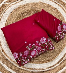 Sari de Seda Coreana con Bordado para Bodas, Precio de Mayoreo, Compra en Línea, Exportador de Moda Femenina de la India - Product Image 5
