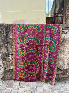 Reversible Cotton Kantha <b>Quilt</b> – Hand Stitched Indian <b>Bedspread</b> with Traditional Block Print Design - Product Image 1