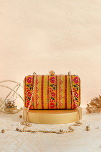 Crimson embroidered <b>clutch</b> with detailed Zari work and long <b>gold</b> chain for ethnic wear available at wholesale prices. - Product Image 6