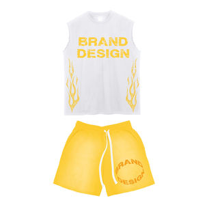 Ensemble gilet et short pour homme, 100% coton respirant, sans manches, délavé à l'acide, avec strass, impression personnalisée - Product Image 3