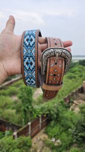 Ceinture Western en cuir usiné à boucle en alliage vintage avec motif sud-ouest perlé de turquoise bleue - Product Image 3