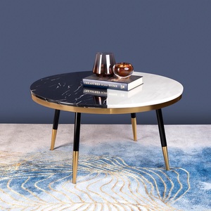 Mesa de centro de mármol moderna de lujo, juego de mesa de mármol redonda, mesa de centro para sala de estar, muebles de mármol blanco con superficie dorada - Product Image 2