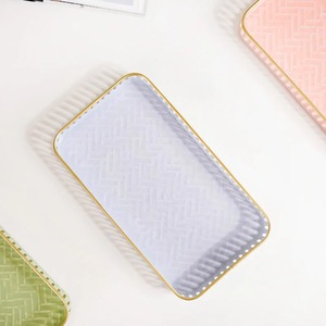 Set of 3 <b>Pastel</b> Rectangular Metal Vanity Trays Gold Trim Shabby Chic Herringbone Wedding Makeup Perfume Dresser Organizer - Product Image 4