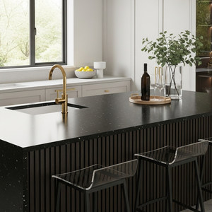 OEM Durable à Faible Teneur en Silice Style Marbre Noir Calacatta Pierre de Quartz Artificielle Comptoir de Cuisine Vanité pour Armoires de Salle de Bain - Product Image 2