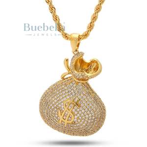 Collar de Lujo con Colgante de Bolsa de Dinero de Plata de Ley con Incrustaciones de Moissanita Dorada, Cadena Cubana Estilo Hip Hop para Hombre, Estilo Rapero - Product Image 1