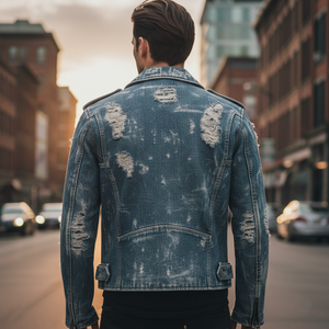 เสื้อแจ็คเก็ตมอเตอร์ไซค์หนังเทียมสีน้ำเงินฟอกแบบสั่งทำพิเศษจากโรงงาน OEM พร้อมซิปคุณภาพสูง - Product Image 5