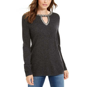 Maglione da donna INC International Concepts con decorazioni e scollo a goccia, colore antracite, taglia Small, per la stagione autunnale - Product Image 1