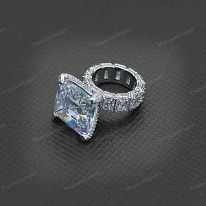 Lujo amarillo y blanco chapado en oro Princesa y Baguette corte moissanita cielo azul y amarillo diamante anillo de compromiso de eternidad completa - Product Image 2