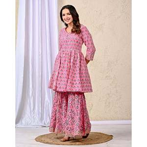 Conjunto de Vestido Sharara de Algodón Popelín Amarillo con Estampado Floral para Mujer, Top y Pantalón - Product Image 5