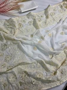 ชุดส่าหรีผ้าจอร์เจตต์สีขาวแบบดั้งเดิมของอินเดีย พร้อมเสื้อคลุมหรูหรา งานฝีมือสวยงาม เหมาะสำหรับงานแต่งงาน งานเทศกาล และงานเลี้ยงสำหรับผู้หญิง - Product Image 4