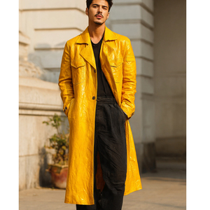 Abrigo largo de cuero Letterman para hombre, gabardina larga de cuero Letterman para hombre, abrigo largo de cuero con botones para hombre - Product Image 2