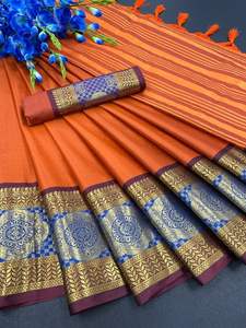 Tissu en soie de coton pur en Design exclusif de bordure Blouse contrastante assortie de styliste Saree vêtements de fête tissage fantaisie - Product Image 6