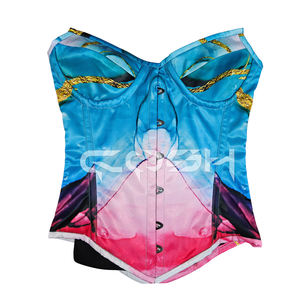 Corsé de moda multicolor con estampado de mármol, de satén, con varillas de acero y copas con aros tipo corazón. - Product Image 1