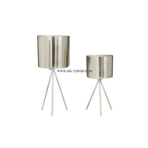 Lot de 2 jardinière de fleurs ronde en métal élégant argent miroir poli urbain maison et bureau balcon pots de décoration de plantes - Product Image 1