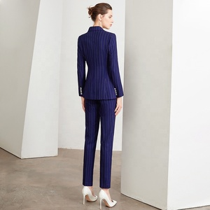 Fábrica personalizada Listra Azul Marinho Double Breasted Escritório Calças e ternos <span class=keywords><strong>blazer</strong></span> Conjunto para Mulheres Negócios Desgaste Calças Ternos - Product Image 5