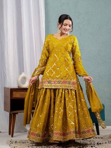 Nouveau designer indien et pakistanais fête porter haut Sharara Plazzo Dupatta-lourd Chinon soie réversible moderne élégant élégant lancement - Product Image 2
