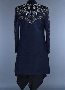 2025 Navy Sherwani Kurta Pant con zapatos a juego deslumbrante bordado cuentas de cristal piedra y Dabka trabajo para boda - Product Image 3