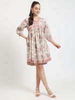 Robe d'été décontractée Sati Factory, imprimé floral, col en V, manches 3/4, taille naturelle, rose et blanc, 100 % coton tissé, coupe ample