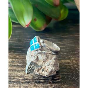 Navajo-Made Turquoise & Sterling <b>Silver</b> Inlay <b>Statement</b> <b>Ring</b> Size 5 for Everyday Wear HipHop Boho Dainty Style Fine Jewelry - Product Image 4