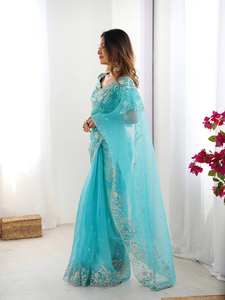 Sari de Diseño Bollywood de Seda Organza Pesada con Elegante Bordado de Hilo y Lentejuelas, Largo hasta el Suelo, para Fiestas y Eventos - Product Image 3