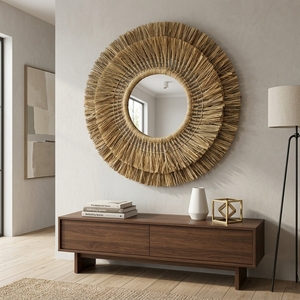 Miroir mural en macramé naturel Mendong, miroir rond suspendu à franges superposées, style soleil, décoration artistique pure pour la chambre, artisanat bohème pur - Product Image 4
